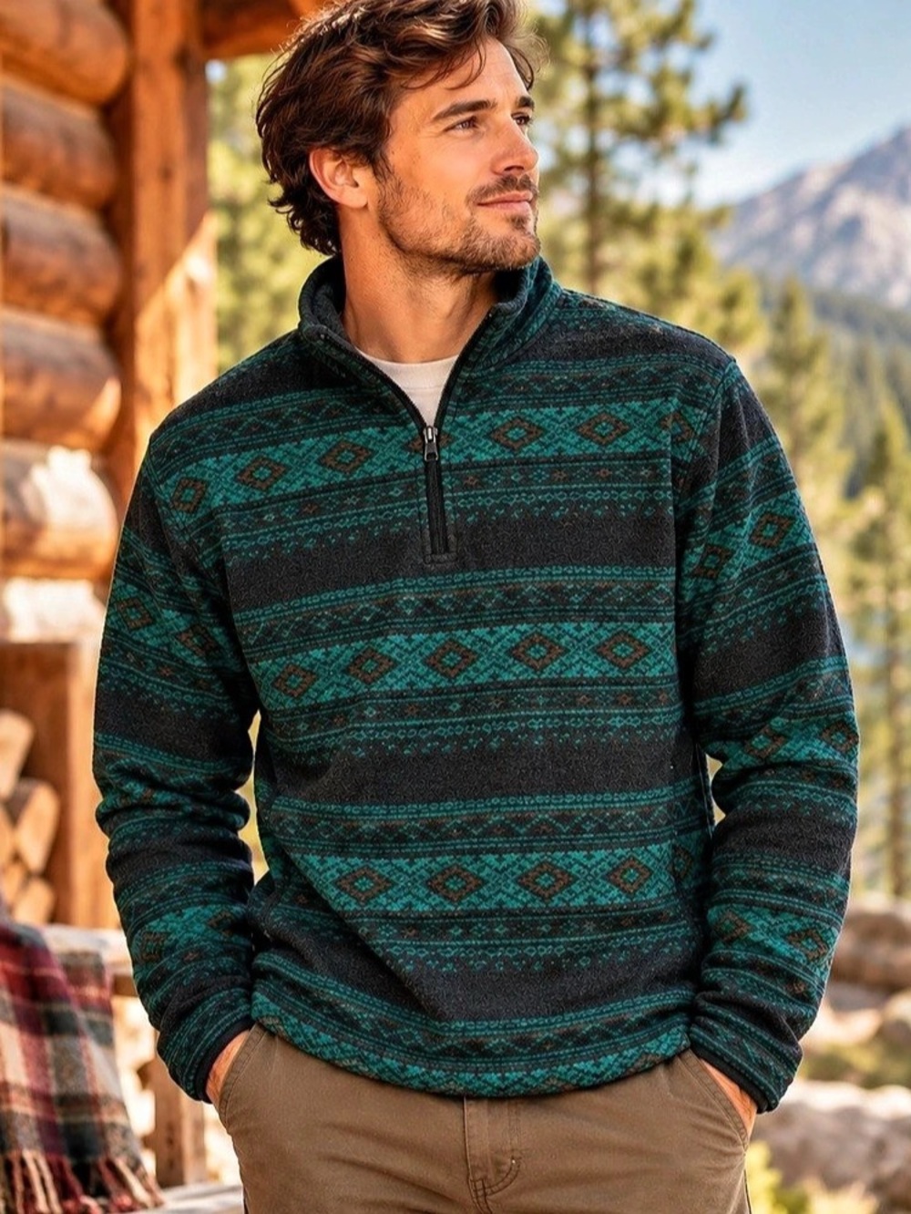 The North Face Men’s M Teal Geometric Fair Isle 1/4 Zip Fleece Pullover